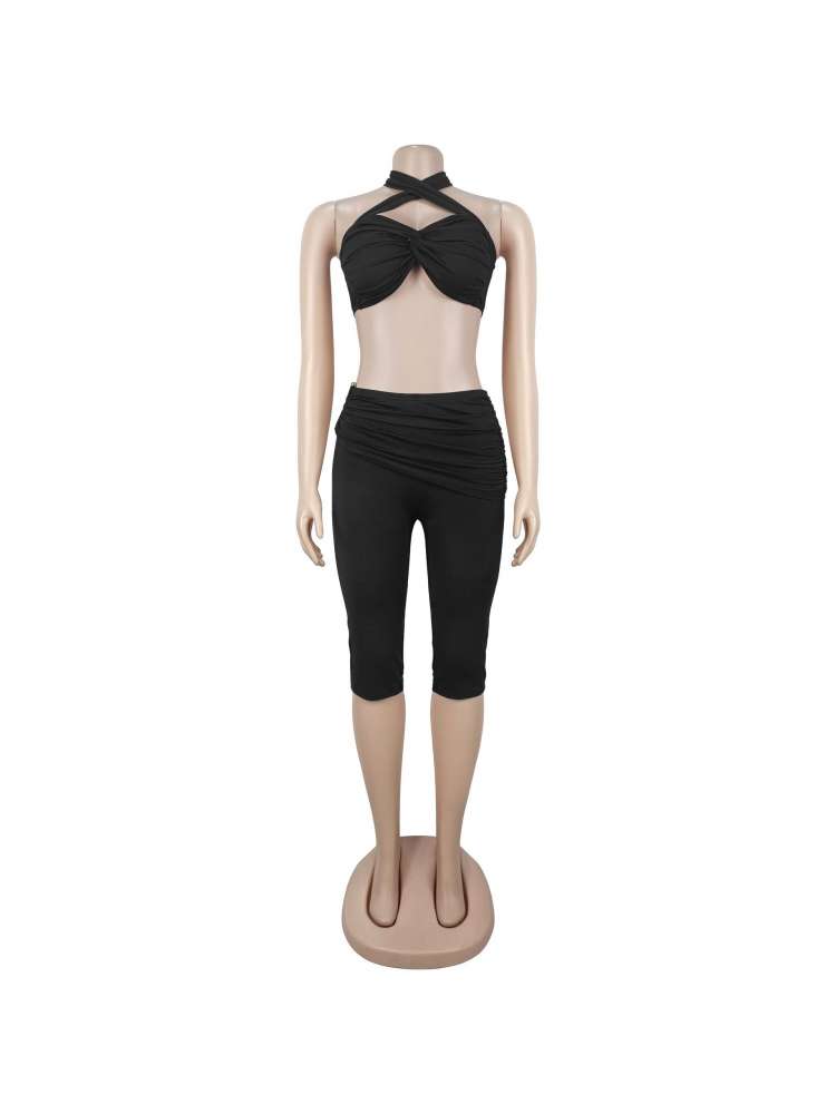 Twist Halter Ruched Capri Pants Sets