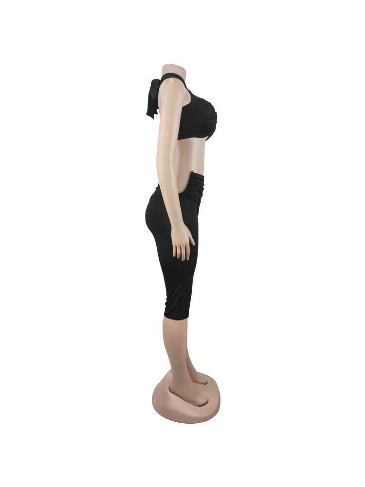 Twist Halter Ruched Capri Pants Sets