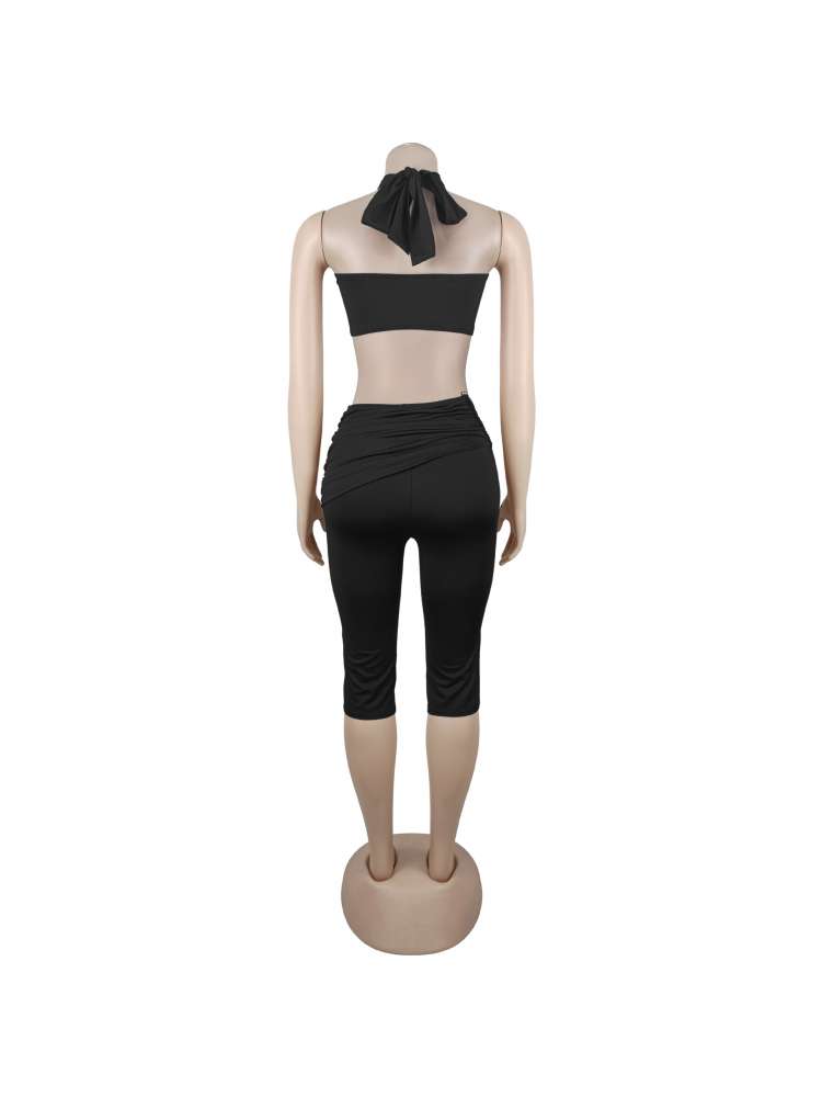 Twist Halter Ruched Capri Pants Sets