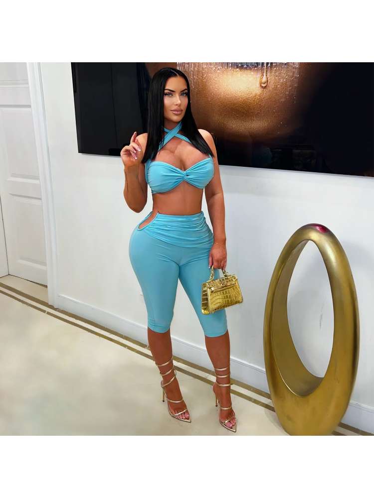 Twist Halter Ruched Capri Pants Sets