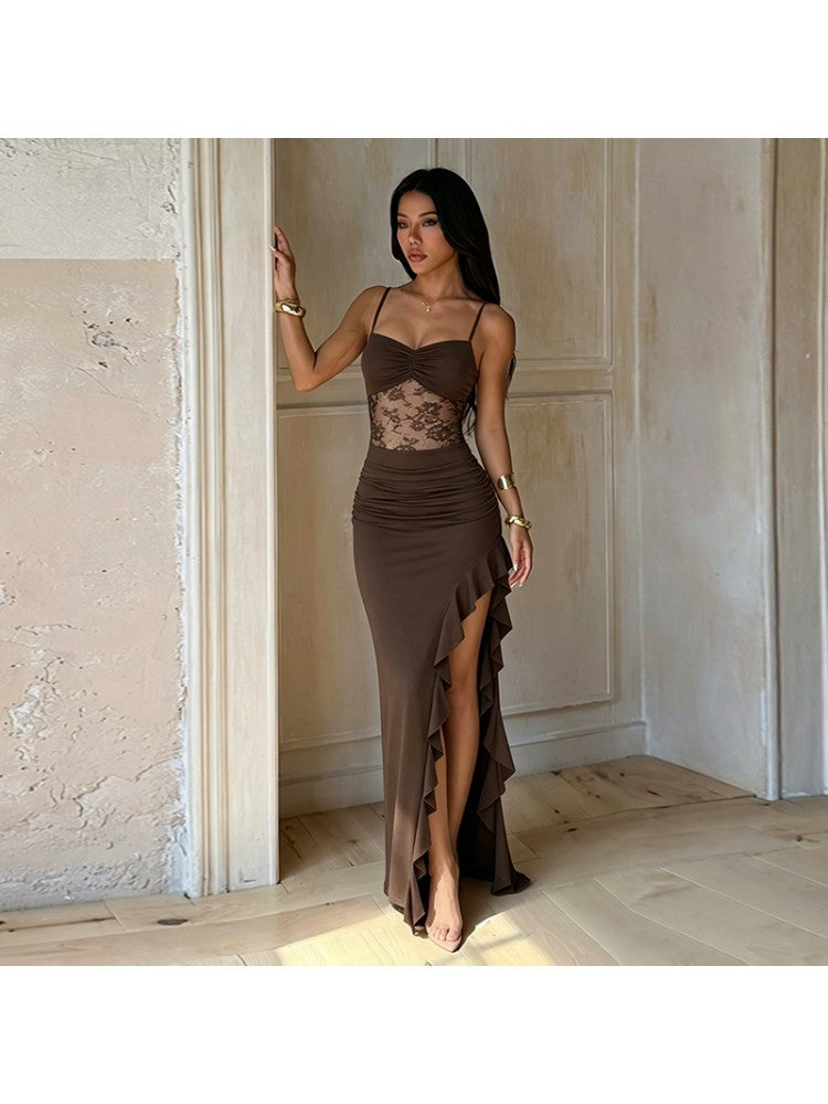 Lace Spaghetti Straps Ruffle Split Dress