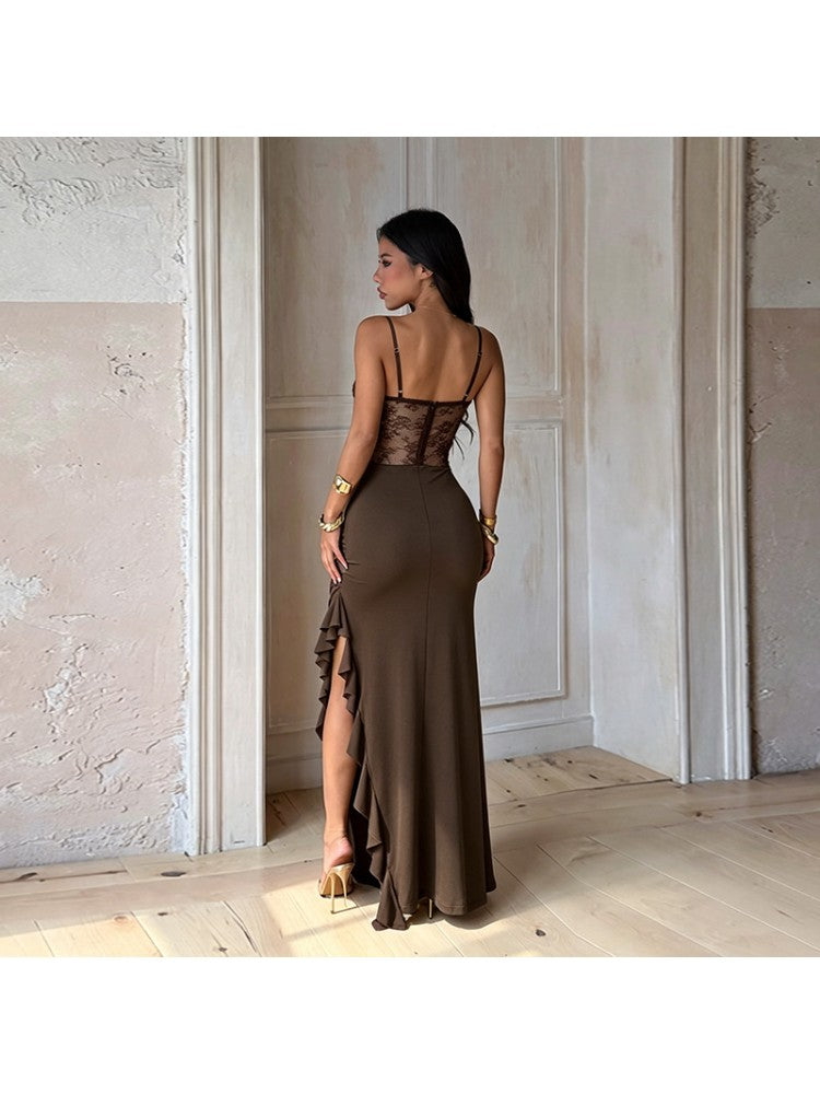 Lace Spaghetti Straps Ruffle Split Dress