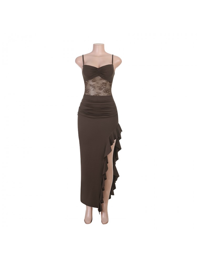Lace Spaghetti Straps Ruffle Split Dress
