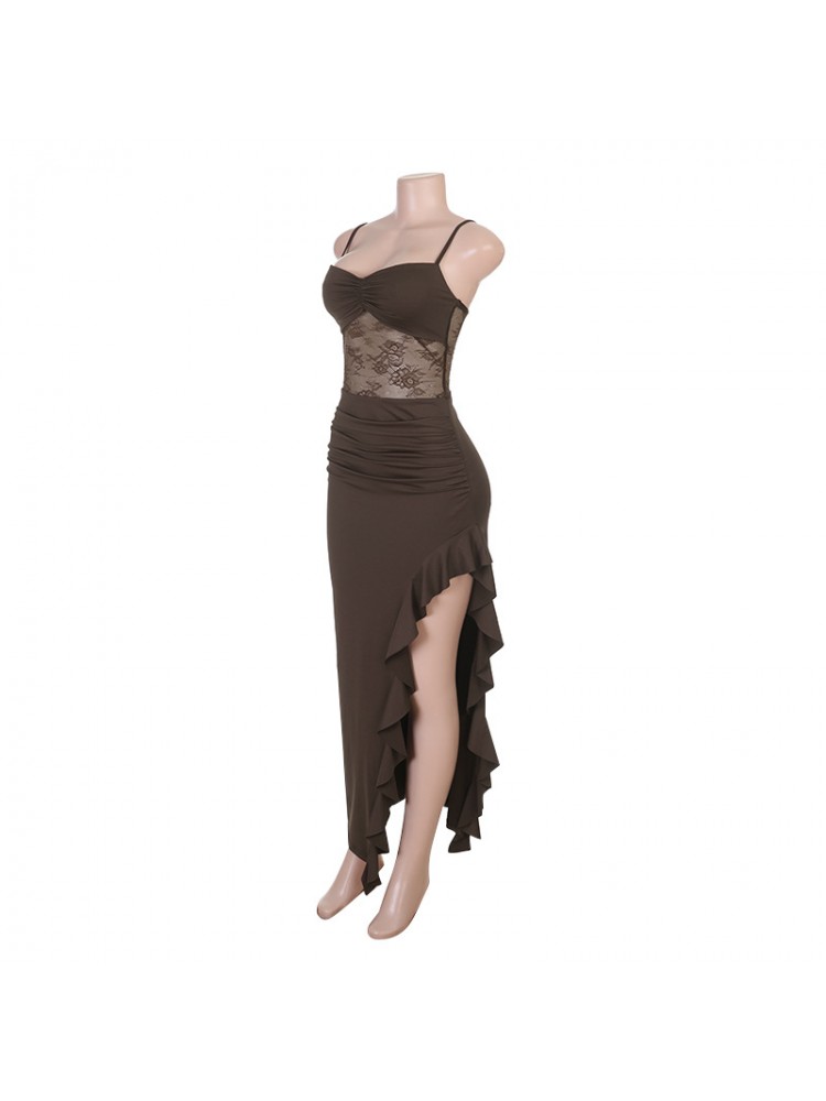 Lace Spaghetti Straps Ruffle Split Dress