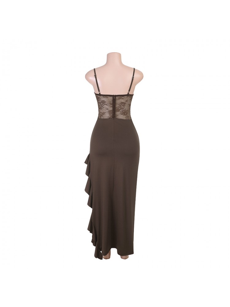 Lace Spaghetti Straps Ruffle Split Dress