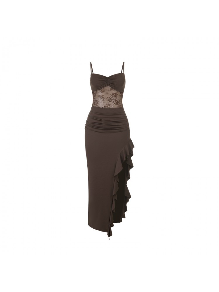 Lace Spaghetti Straps Ruffle Split Dress