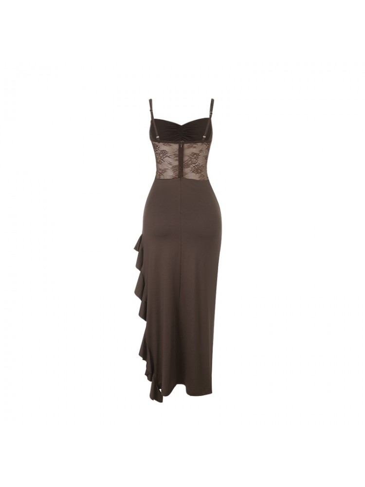 Lace Spaghetti Straps Ruffle Split Dress