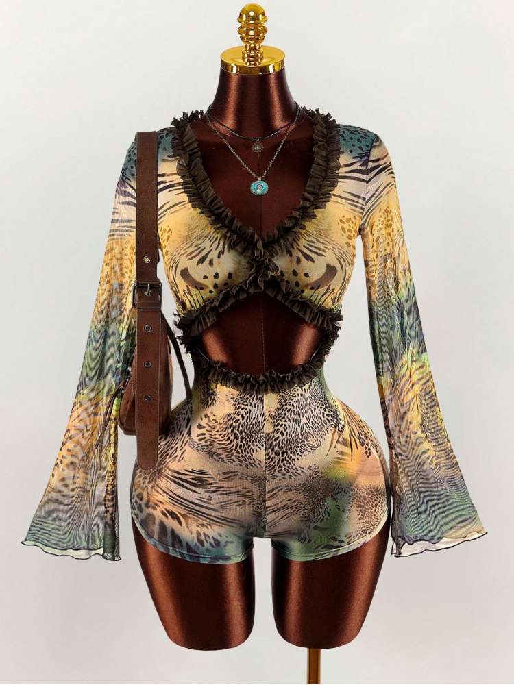 Leopard V Neck Hollow-out Rompers