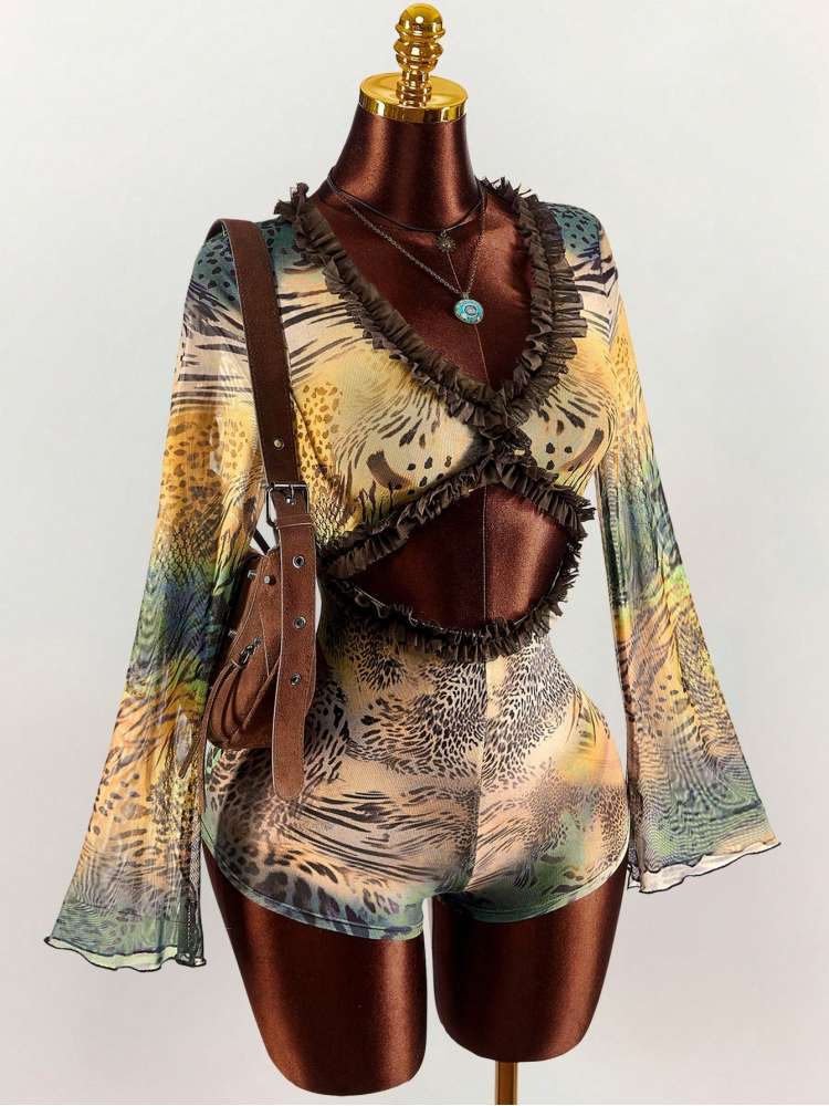 Leopard V Neck Hollow-out Rompers
