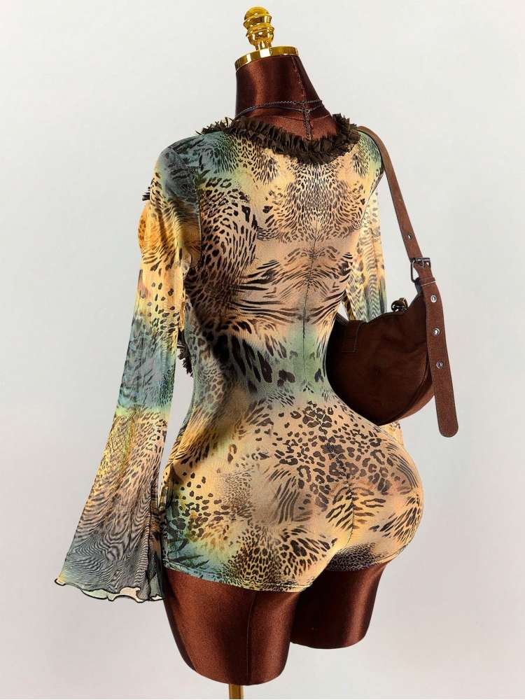Leopard V Neck Hollow-out Rompers