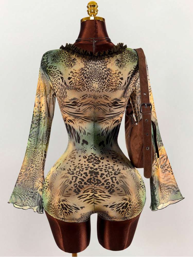 Leopard V Neck Hollow-out Rompers