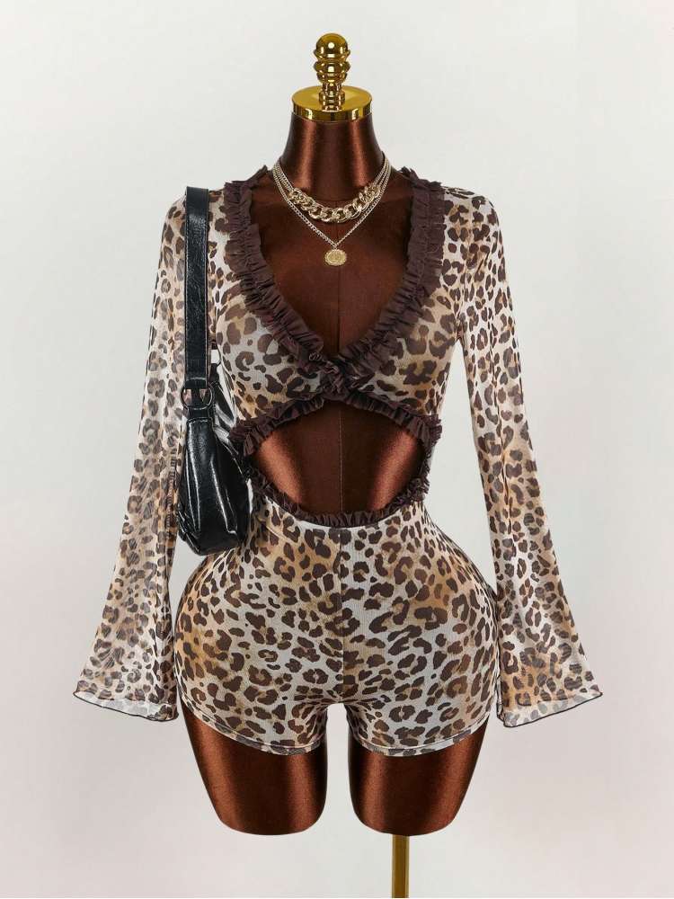 Leopard V Neck Hollow-out Rompers
