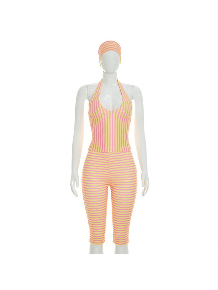Striped Halter Capri Pants Headband 3 Piece Sets