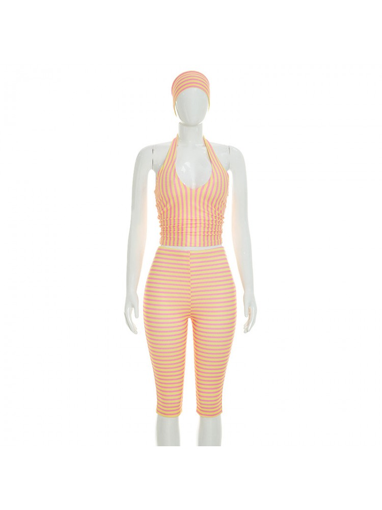 Striped Halter Capri Pants Headband 3 Piece Sets