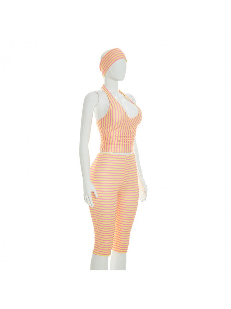 Striped Halter Capri Pants Headband 3 Piece Sets