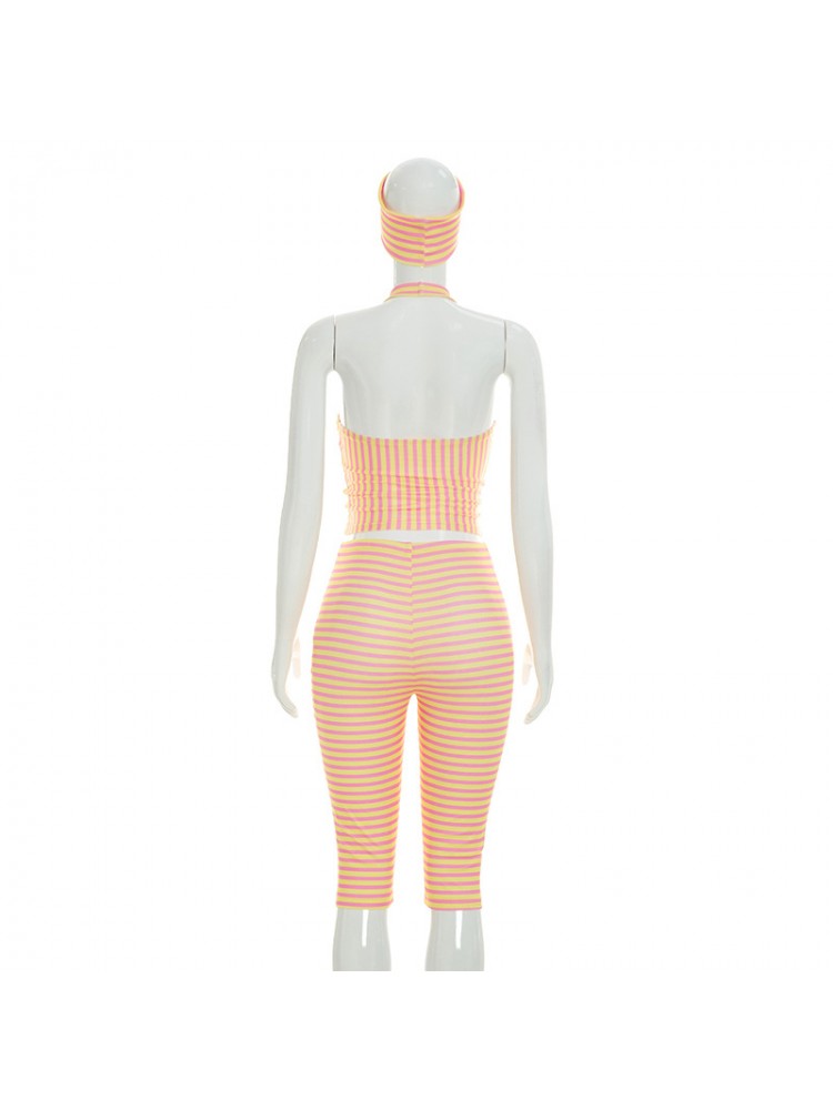 Striped Halter Capri Pants Headband 3 Piece Sets