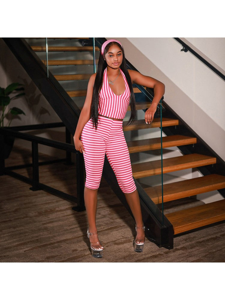 Striped Halter Capri Pants Headband 3 Piece Sets