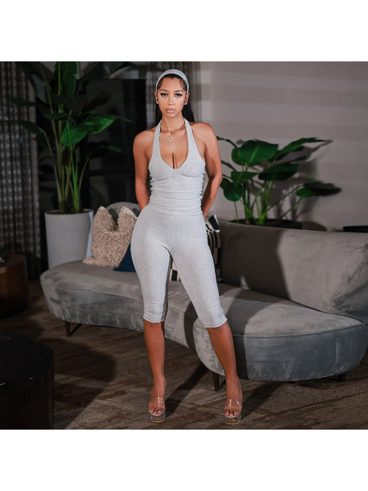 Striped Halter Capri Pants Headband 3 Piece Sets