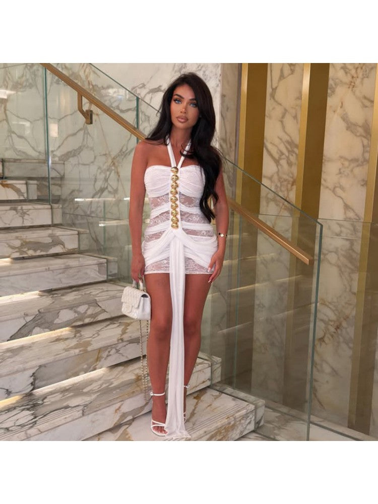 Lace Sheer Ribbons Sleeveless Mini Dress
