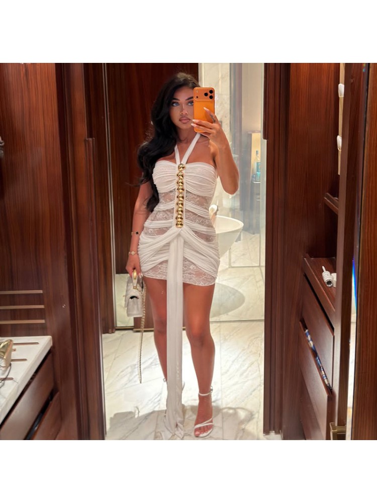 Lace Sheer Ribbons Sleeveless Mini Dress