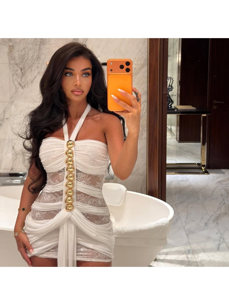 Lace Sheer Ribbons Sleeveless Mini Dress