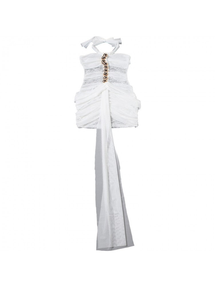 Lace Sheer Ribbons Sleeveless Mini Dress