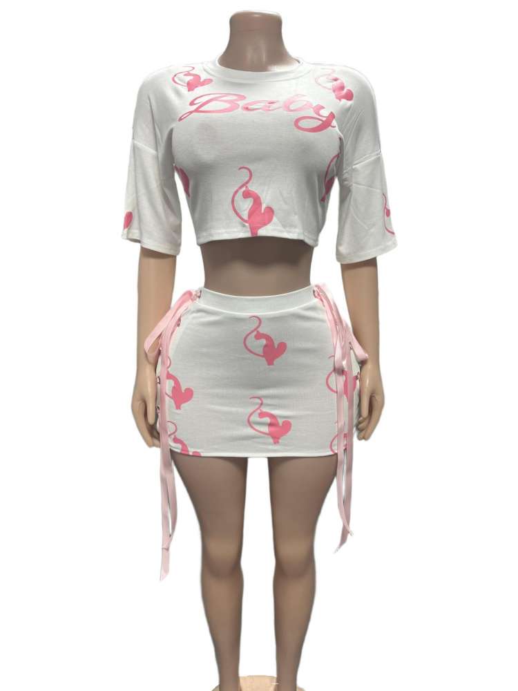 Cartoon Letter Cropped Tie-wrap Skirt Sets