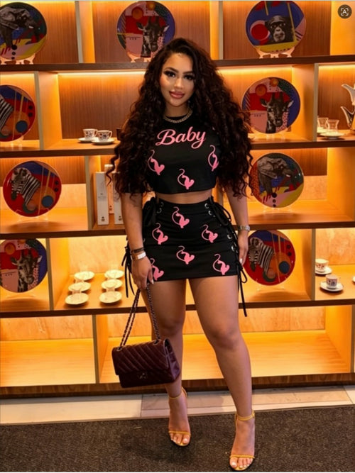 Cartoon Letter Cropped Tie-wrap Skirt Sets