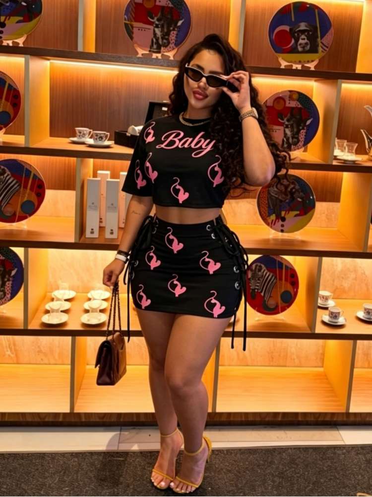 Cartoon Letter Cropped Tie-wrap Skirt Sets