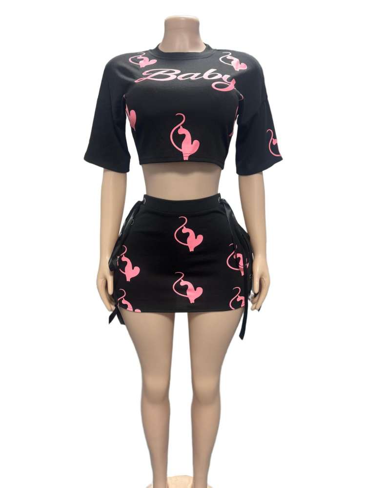 Cartoon Letter Cropped Tie-wrap Skirt Sets