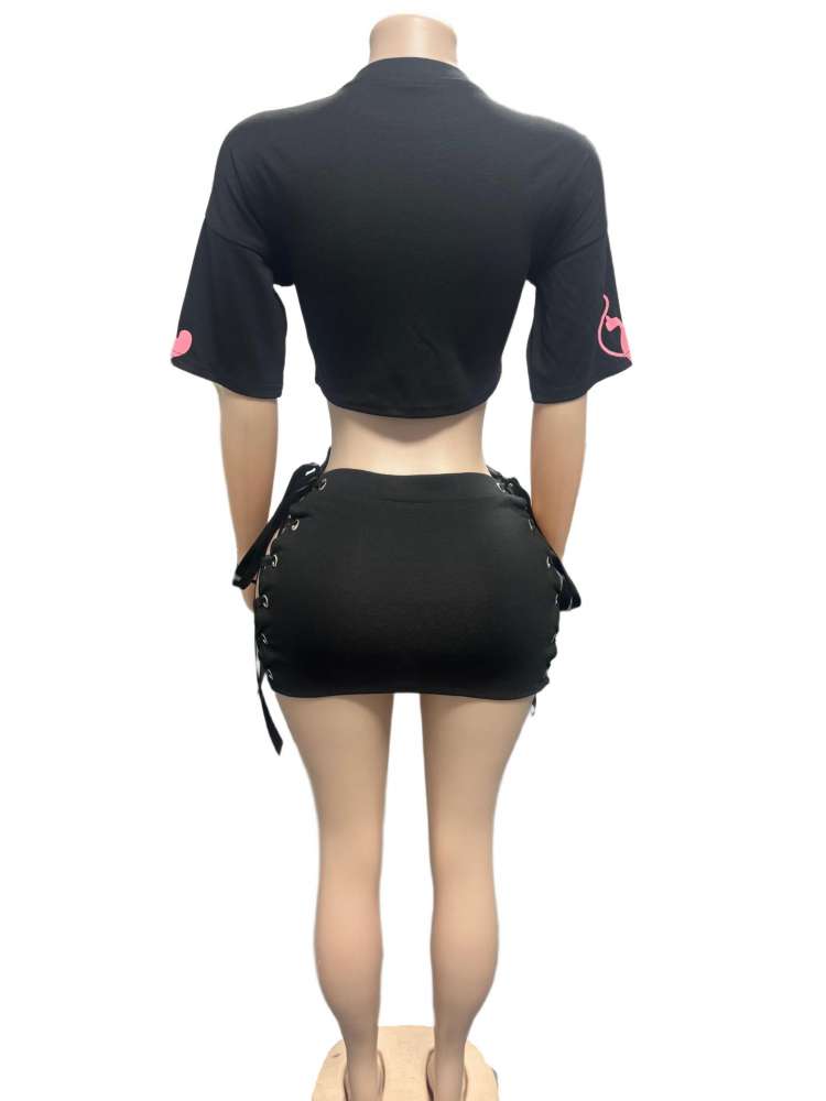 Cartoon Letter Cropped Tie-wrap Skirt Sets