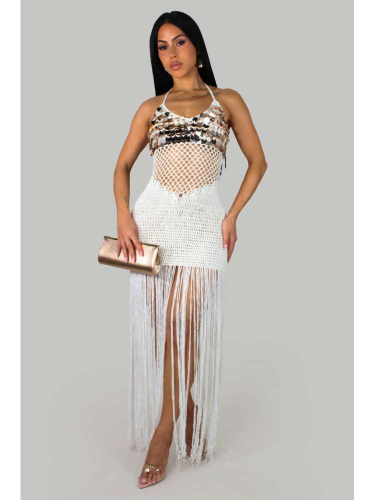 Sequin Crochet Halter Fringe Maxi Dress