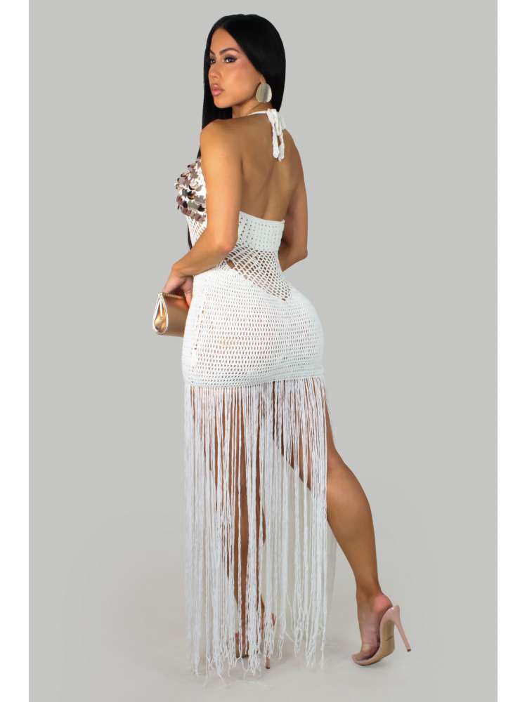 Sequin Crochet Halter Fringe Maxi Dress