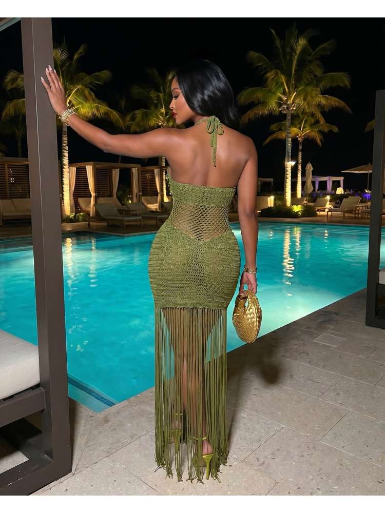 Sequin Crochet Halter Fringe Maxi Dress