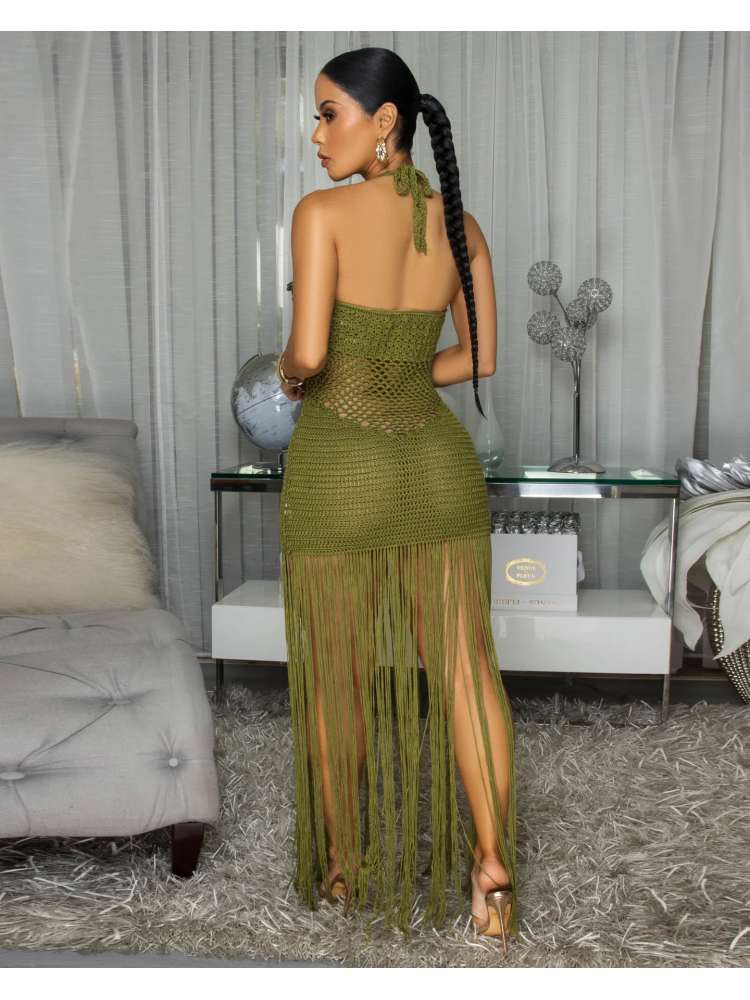 Sequin Crochet Halter Fringe Maxi Dress