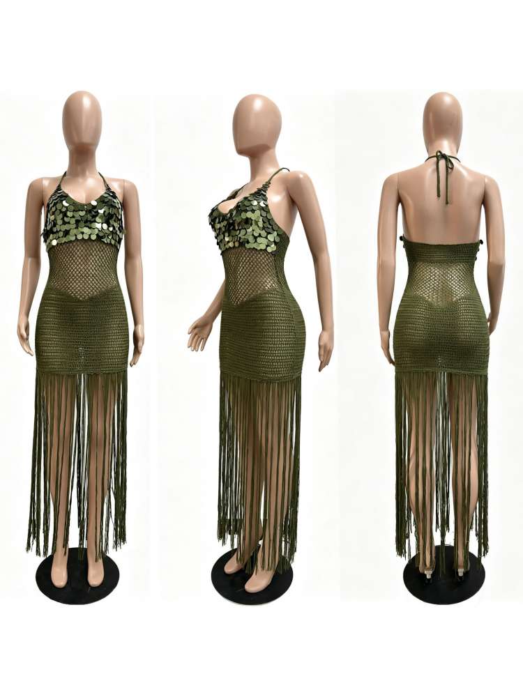 Sequin Crochet Halter Fringe Maxi Dress