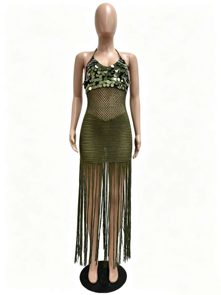 Sequin Crochet Halter Fringe Maxi Dress