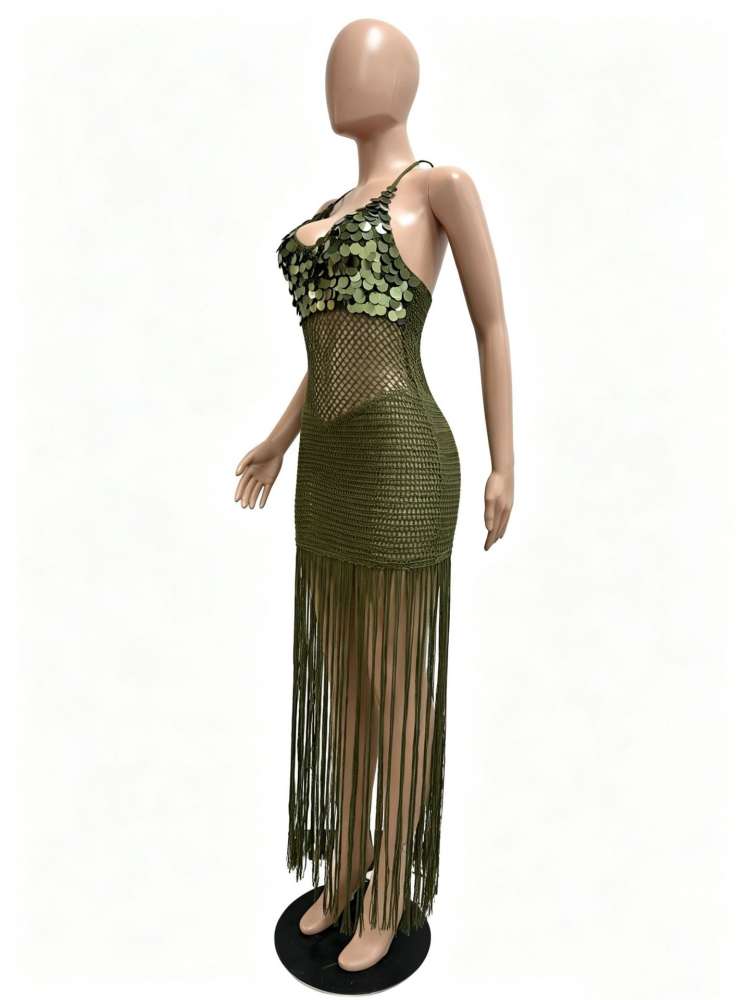 Sequin Crochet Halter Fringe Maxi Dress