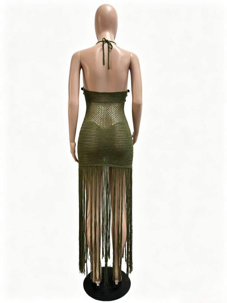 Sequin Crochet Halter Fringe Maxi Dress