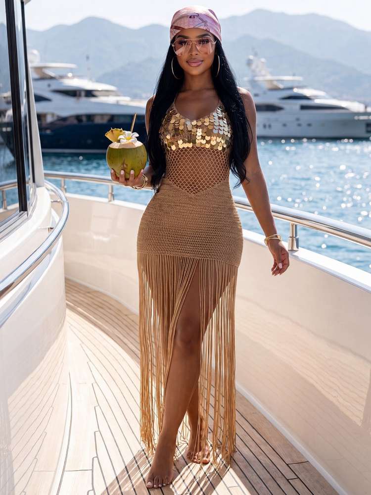 Sequin Crochet Halter Fringe Maxi Dress