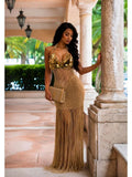 Sequin Crochet Halter Fringe Maxi Dress
