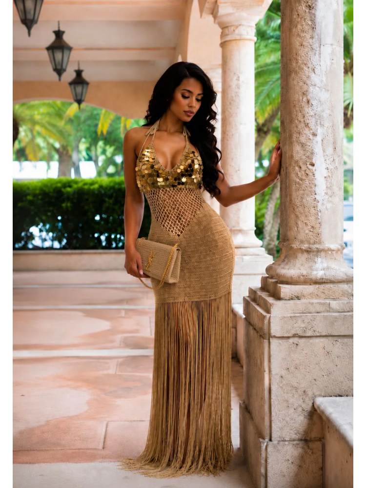 Sequin Crochet Halter Fringe Maxi Dress