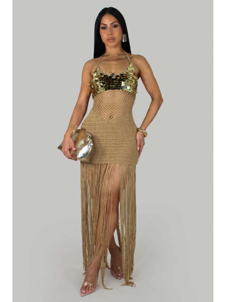 Sequin Crochet Halter Fringe Maxi Dress