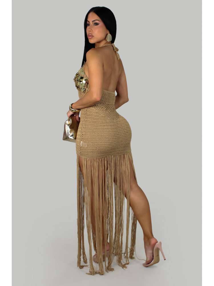 Sequin Crochet Halter Fringe Maxi Dress