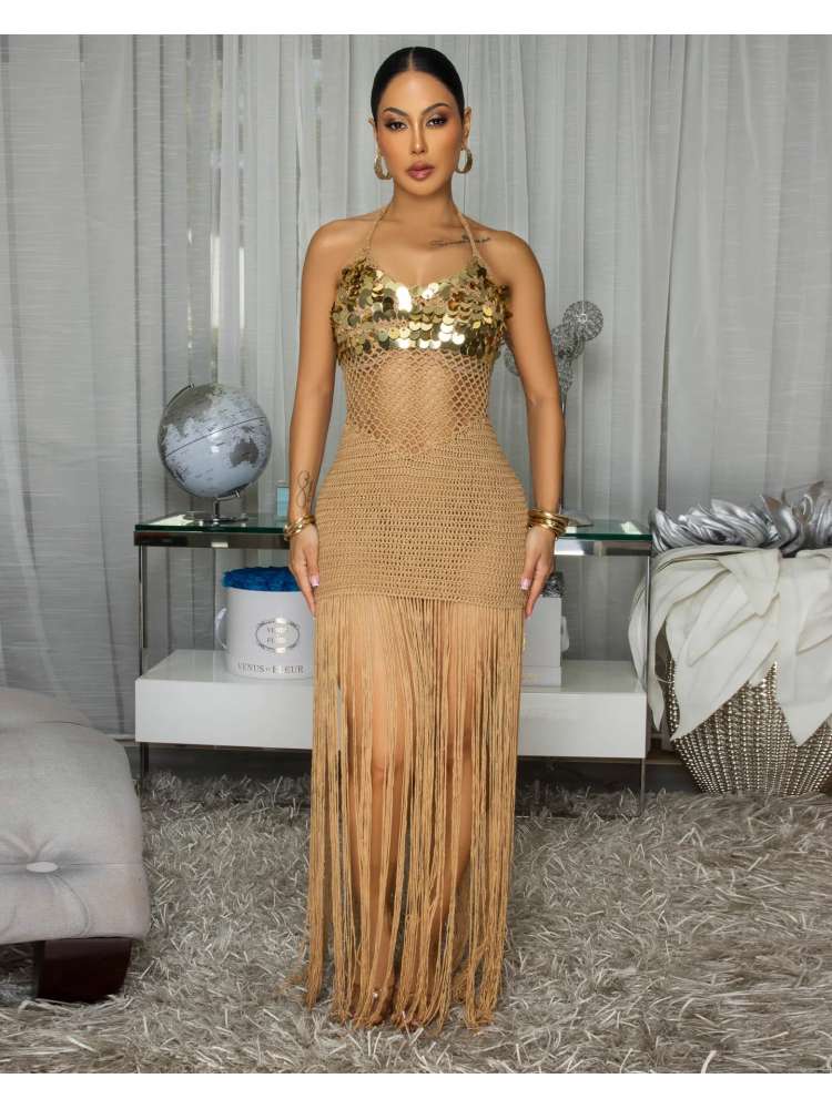 Sequin Crochet Halter Fringe Maxi Dress
