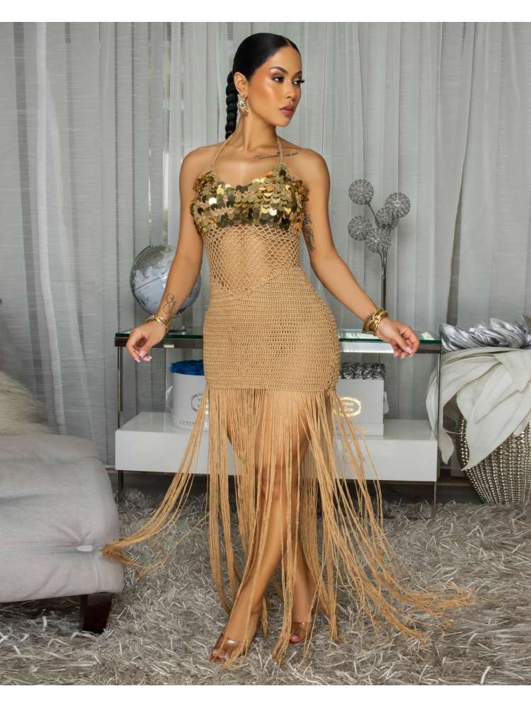 Sequin Crochet Halter Fringe Maxi Dress