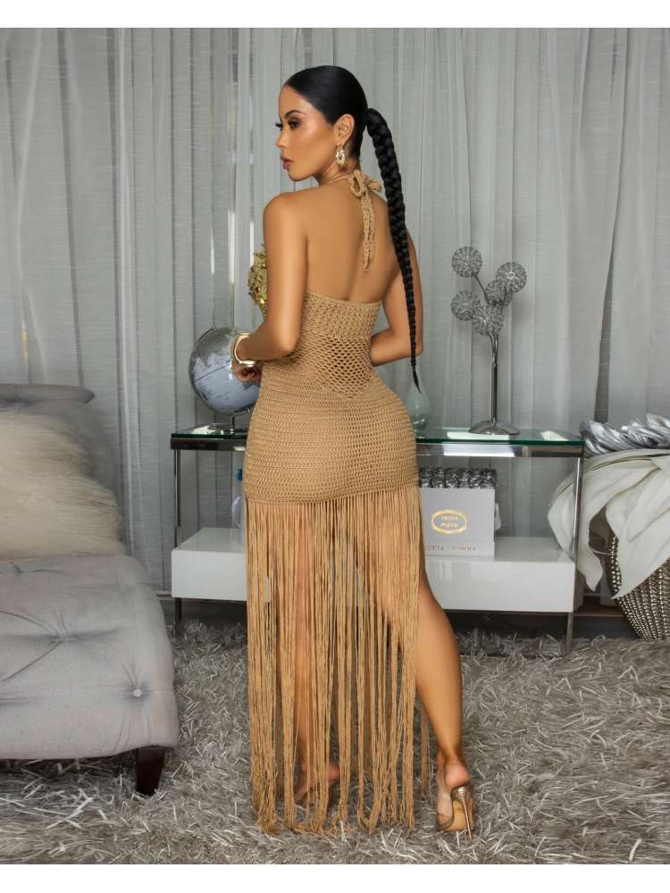 Sequin Crochet Halter Fringe Maxi Dress