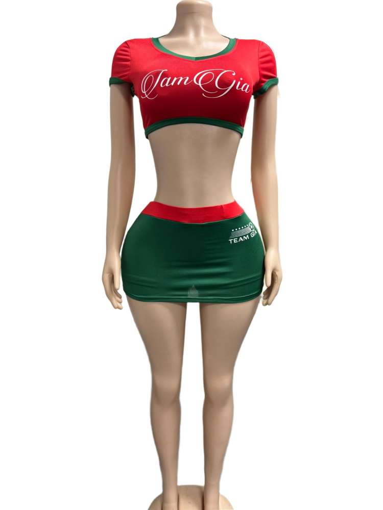 Contrast V Neck Cropped Jerseys Skirt Sets