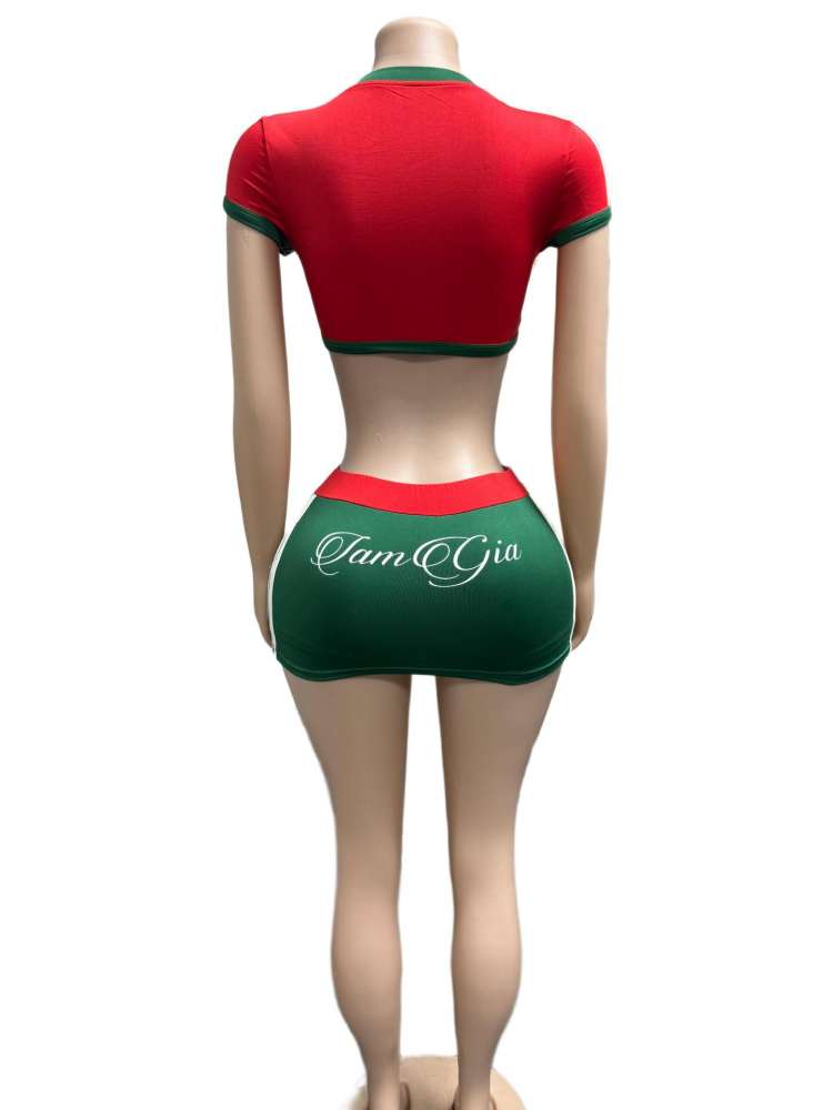 Contrast V Neck Cropped Jerseys Skirt Sets