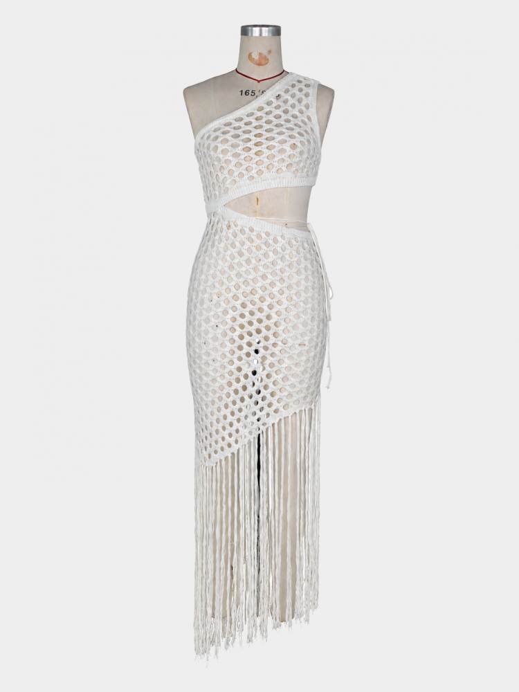Knitted One Shoulder Tassel Maxi Dress